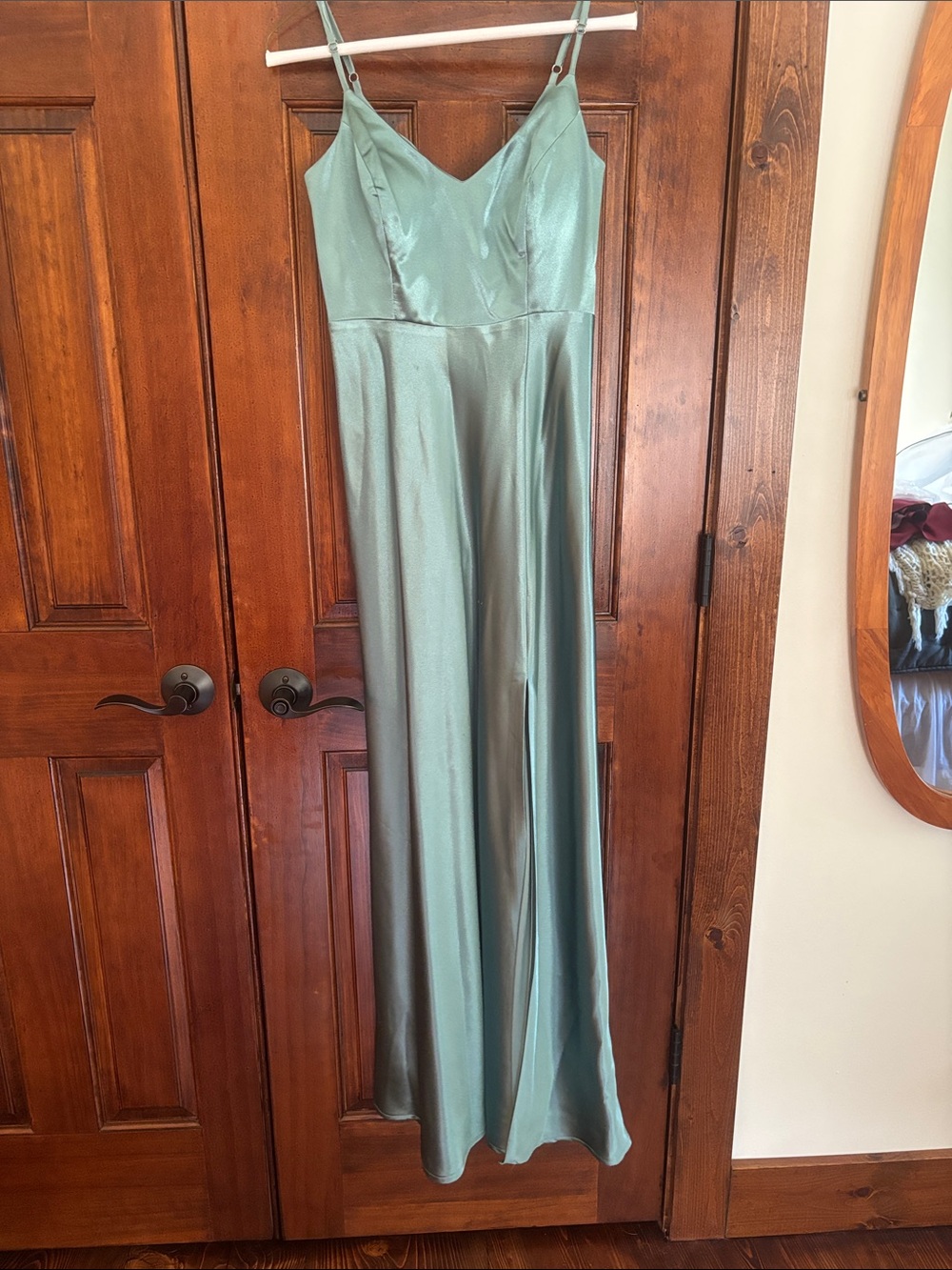 Birdy Grey Satin Prom Dress in Seafoam Green
